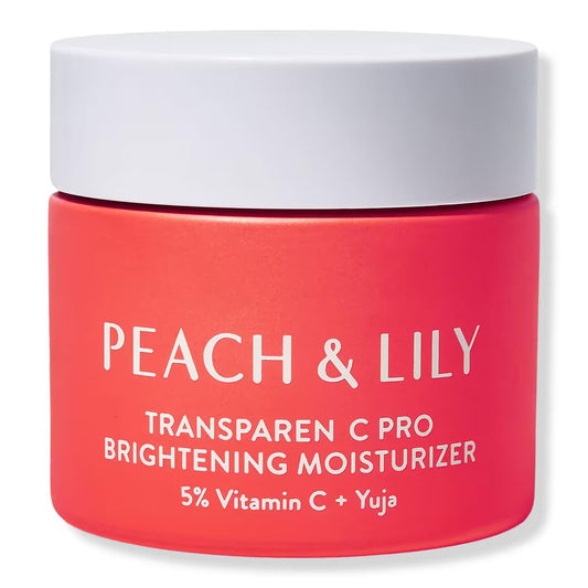 Peach & Lily Transparen-C Pro Brightening Moisturizer bottle shows lightweight hydration.