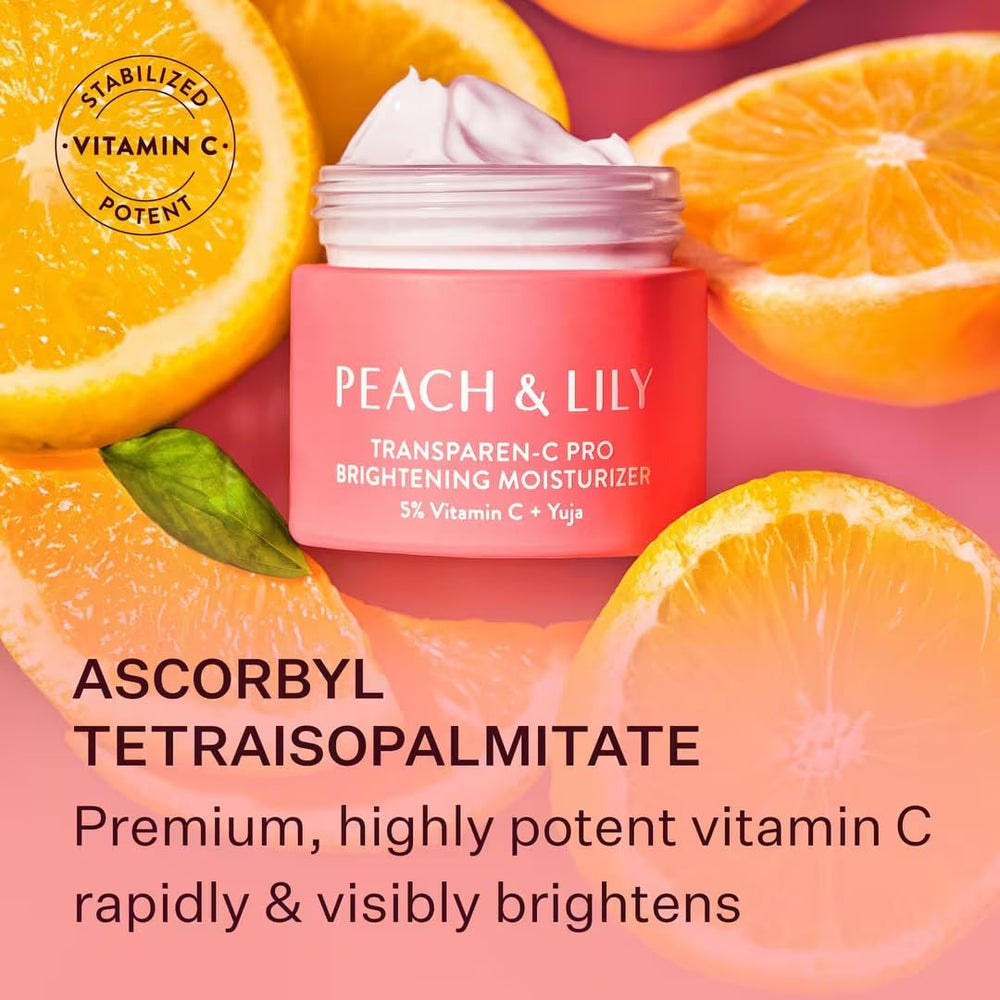 Peach & Lily Transparen-C Pro Brightening Moisturizer jar with soothing formula.