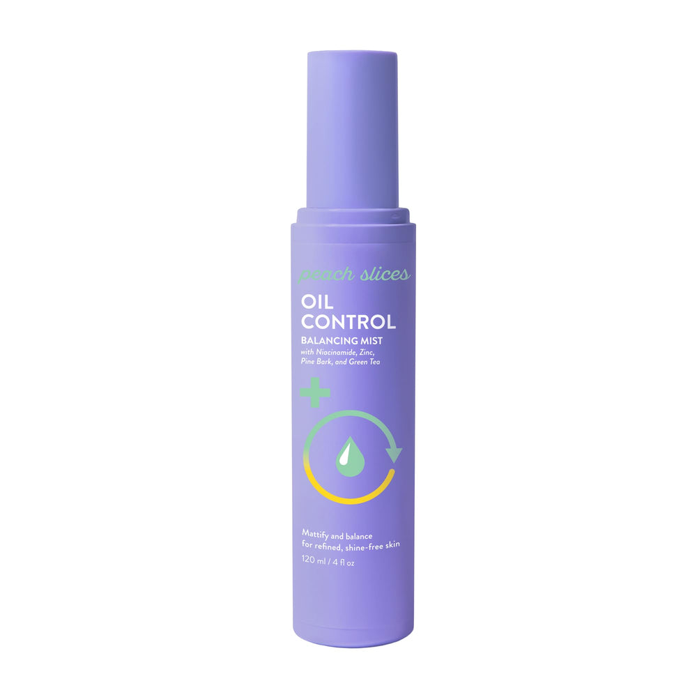 Peach Slices oil control mist bottle closeup showing shine reduction.