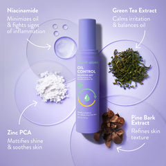 Peach Slices oil control mist packaging box highlighting clean formula.