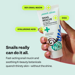 Peach Slices Snail Rescue with hyaluronic acid for plump hydration.