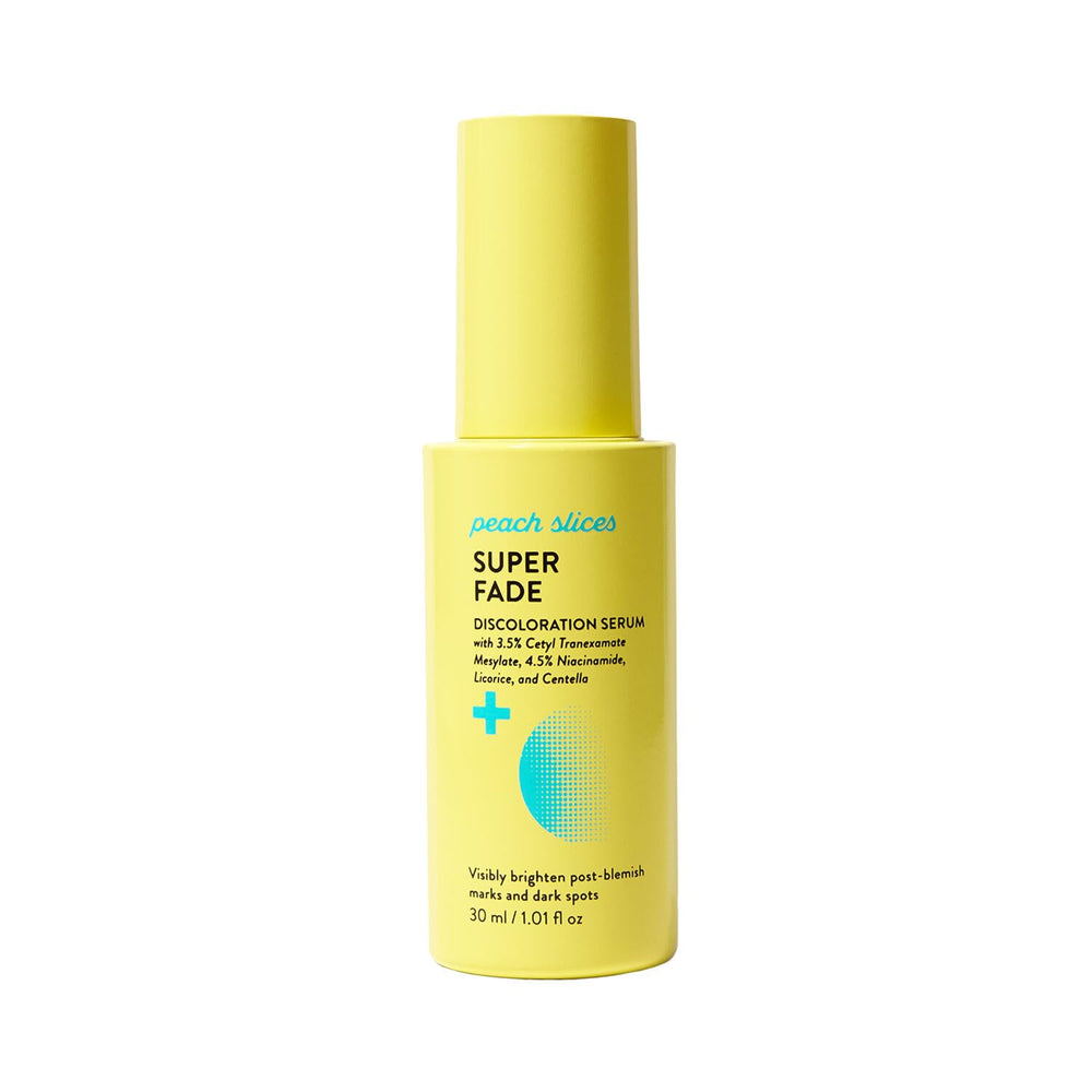 Peach Slices Super Fade serum bottle closeup highlights precision airless pump.