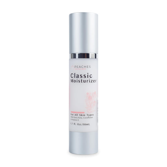 Peaches Skin Care hydrating moisturizer bottle on hand for daily use and lightweight hydration.