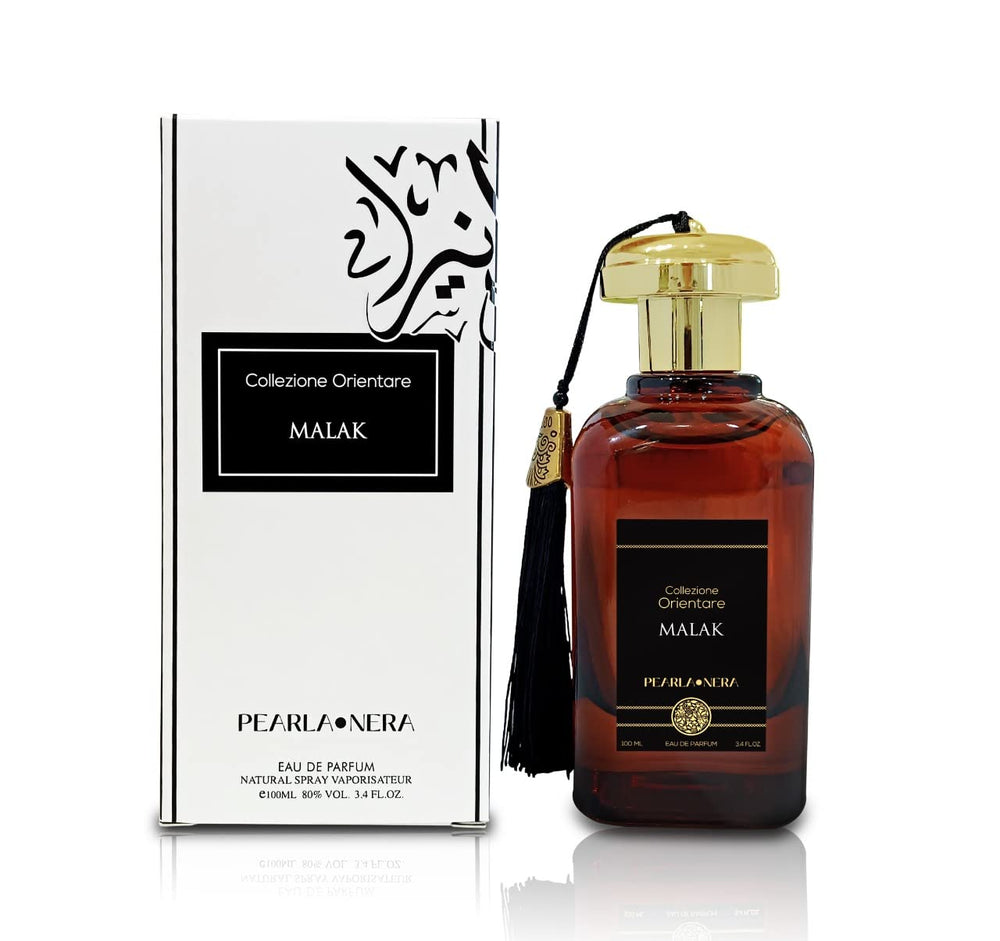 PEARLANERA Malak amber-oud bottle showcases rich, lasting scent for evening wear.