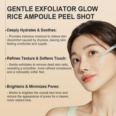 Close-up shows Peel Shot Glow rice formula with charcoal powder for pore care.