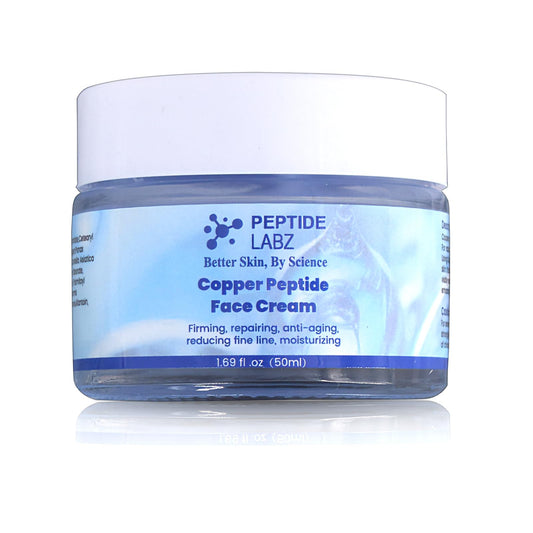 PeptideLabz Copper Peptide Face Cream bottle demonstrates firming and hydrating benefits.