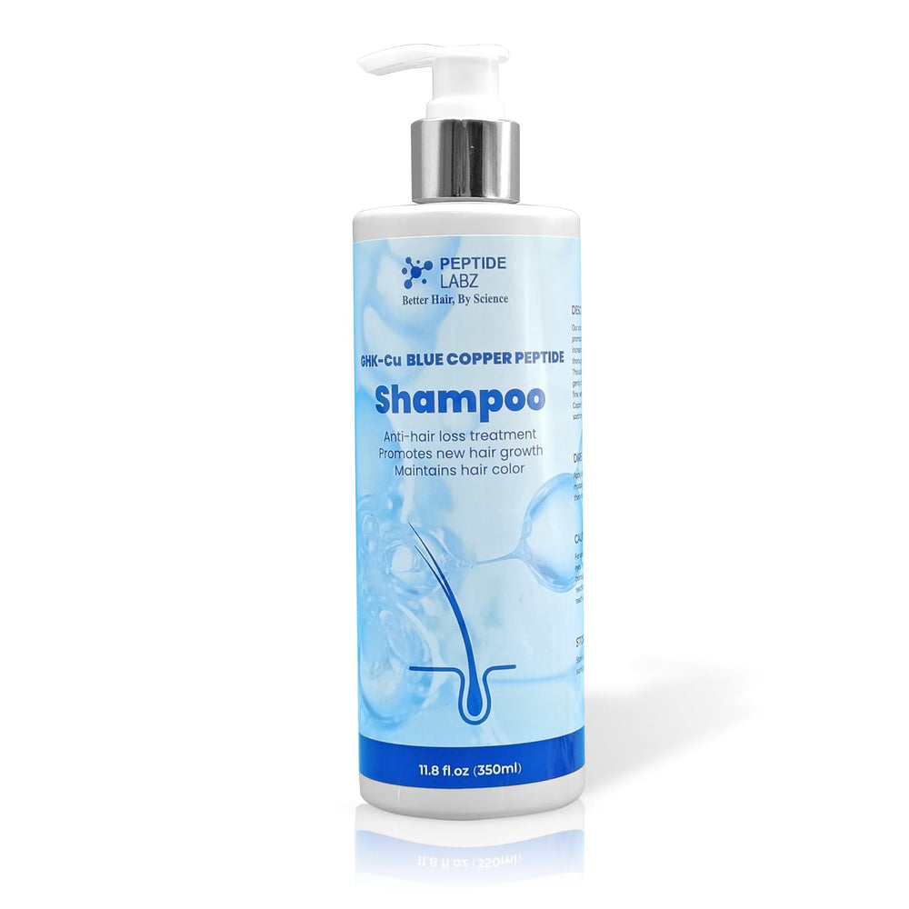 PeptideLabz Copper Peptide Shampoo bottle closeup, highlighting premium care for fuller hair.