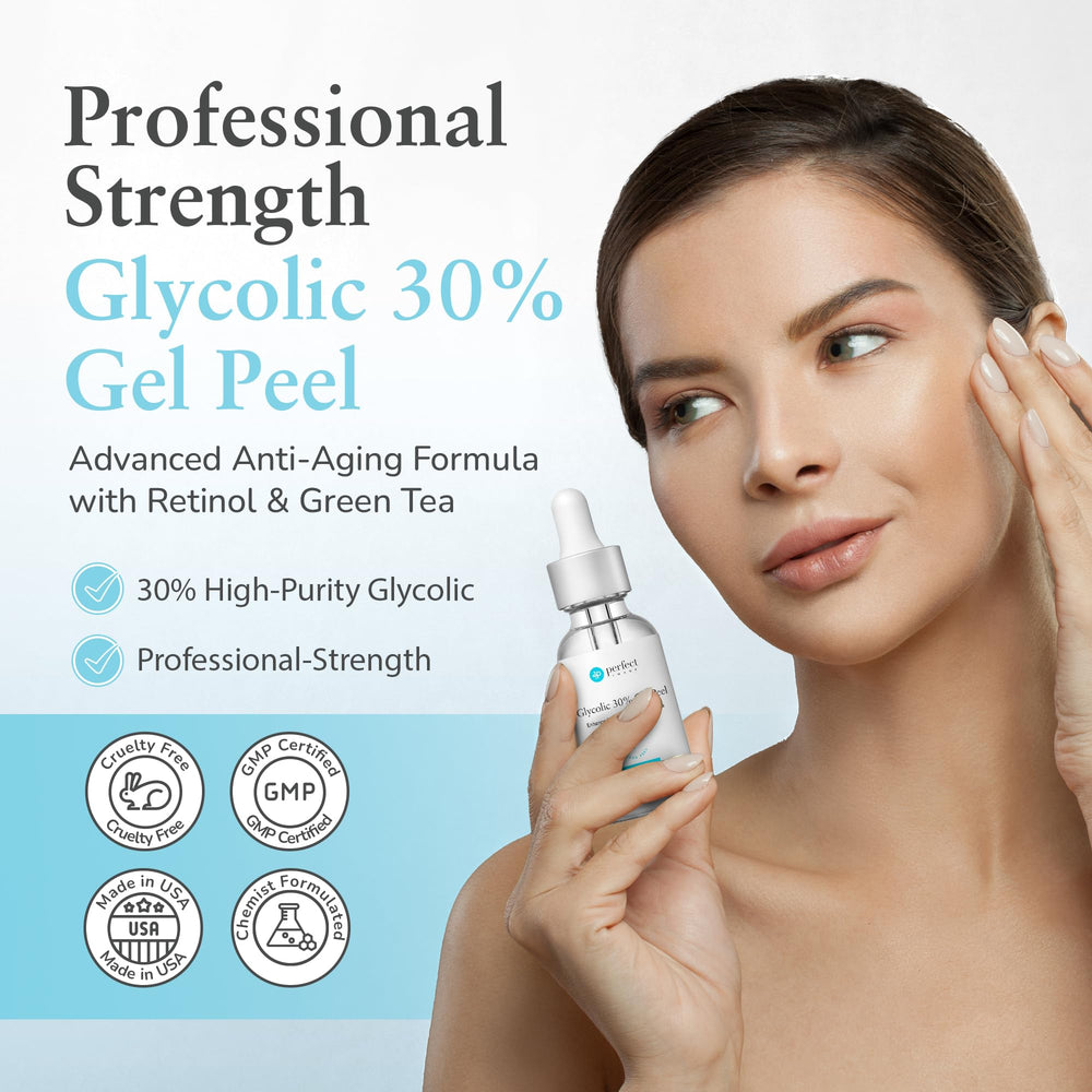 Perfect Image Glycolic 30% Peel label close-up highlights retinol and green tea formula.