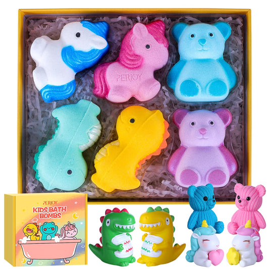 Perjoy kids bath bombs set with six large bombs and six toys for playful bath time