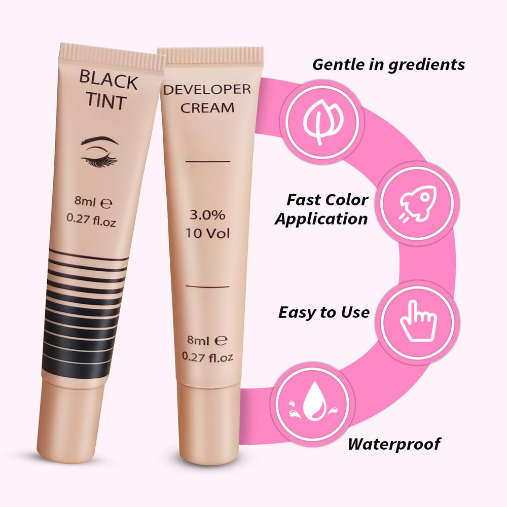 PERMANIA brow tint cream bottle highlighting color for darker, defined brows.
