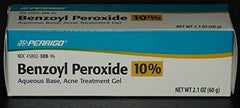 Perrigo benzoyl peroxide gel tube top view highlights convenient application near affected area.