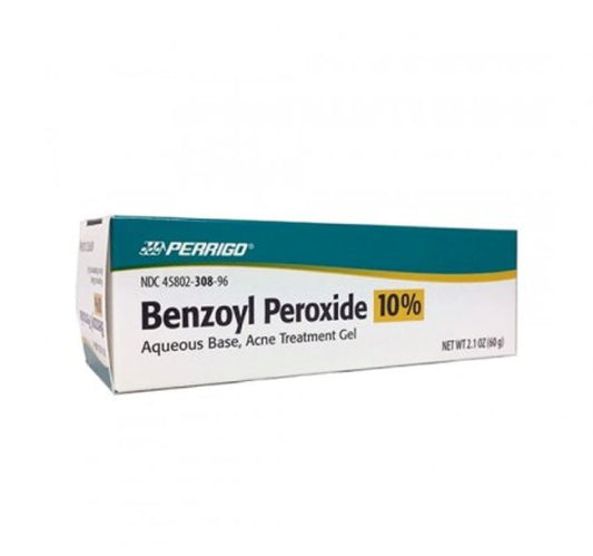 Perrigo ten-percent benzoyl peroxide gel bottle targets acne-prone skin for clearer pores.