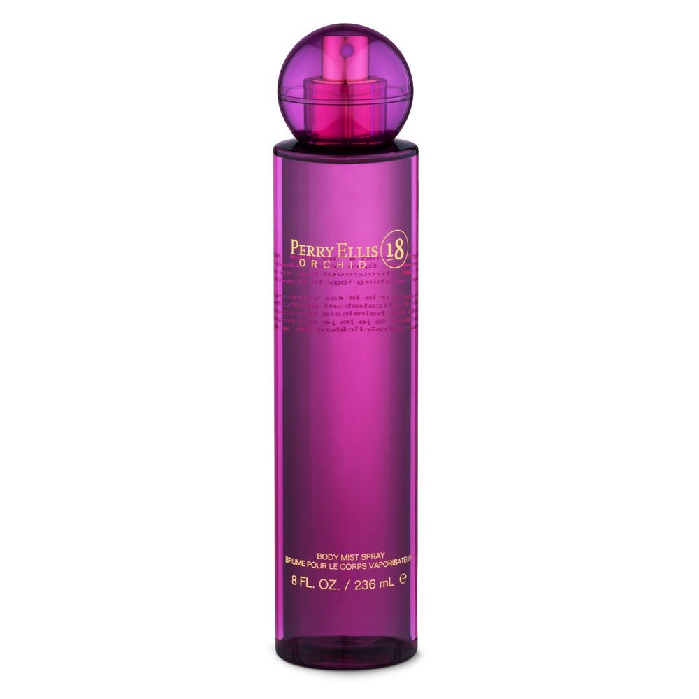 Perry Ellis 18 Orchid bottle front view, premium bottle design for daily spritz
