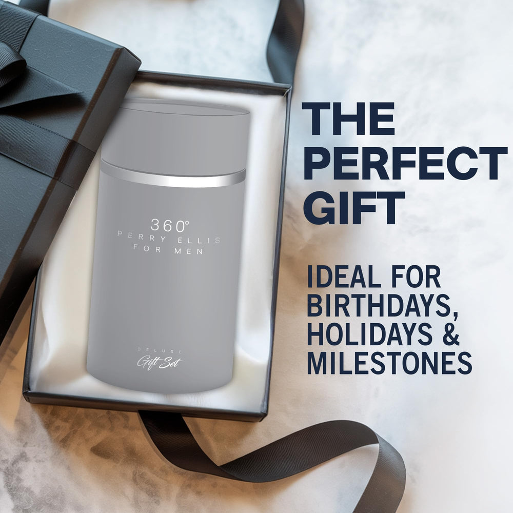 Perry Ellis 360° packaging closeup, highlights citrus and woody notes.