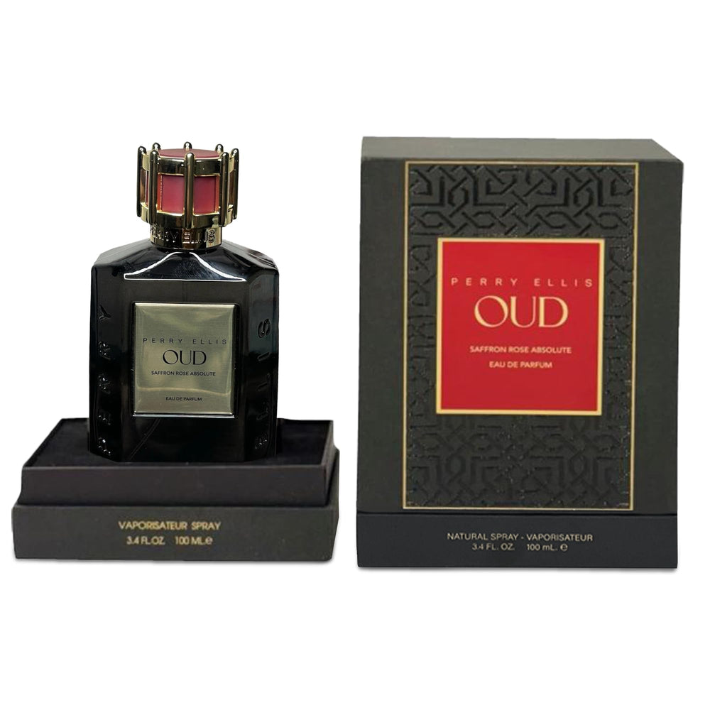 Perry Ellis OUD Saffron Rose bottle front shows bold floral-woody blend.