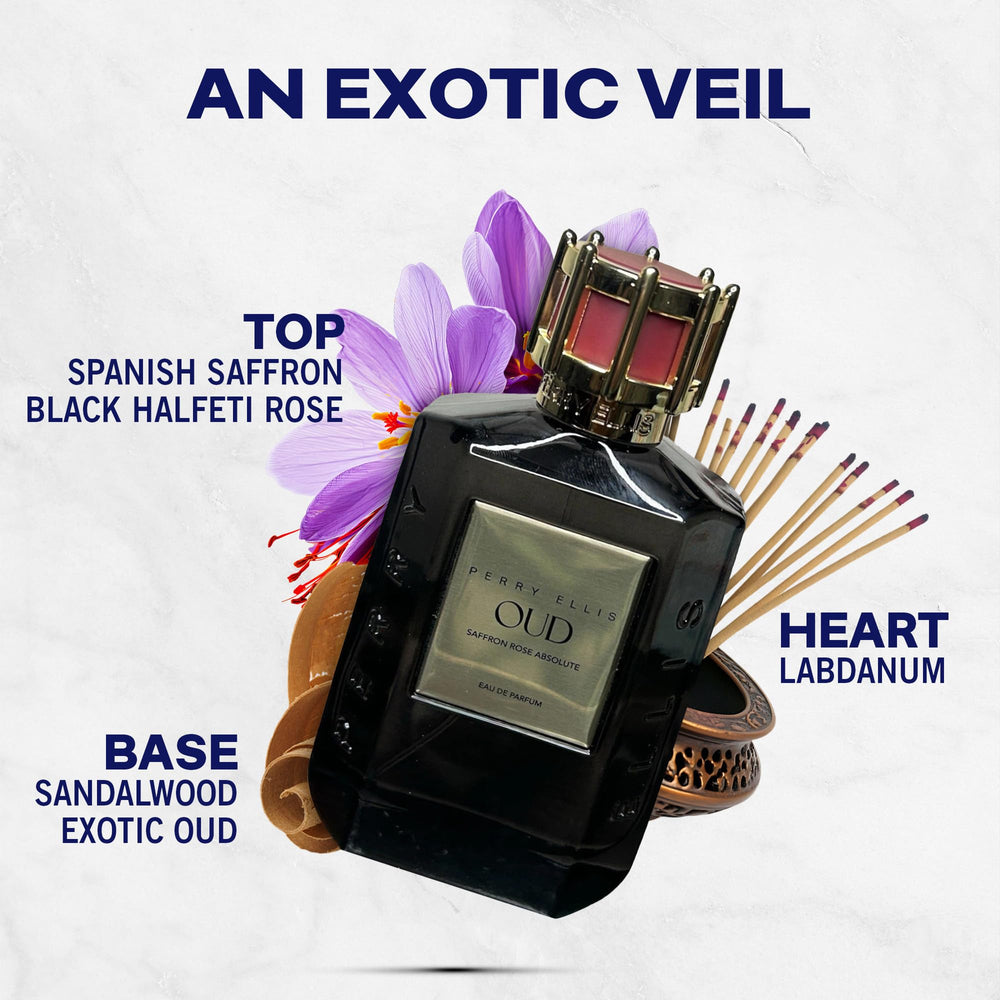 Perry Ellis OUD Saffron Rose bottle top close-up highlights saffron and oud notes.