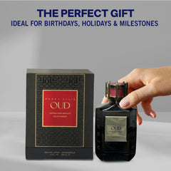 Perry Ellis OUD Saffron Rose packaging emphasizes premium presentation for gifting.