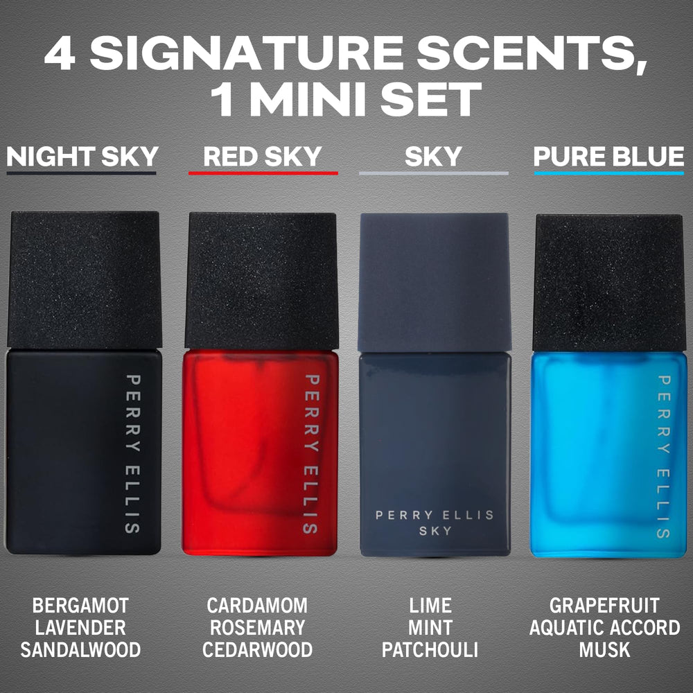 Perry Ellis Red Sky bottle in mini set, warm woody scent for daytime and evening.