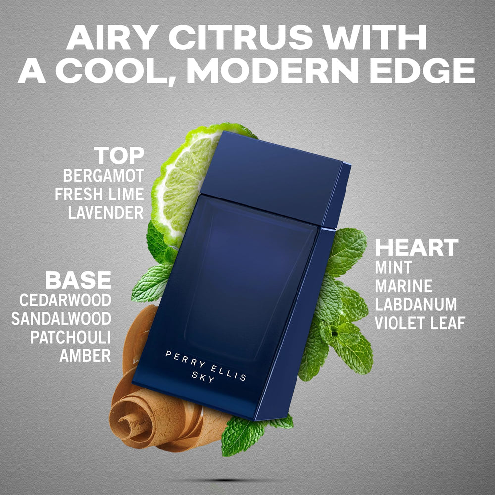 Perry Ellis Sky bottle side profile signaling maritime-inspired aroma and modern style