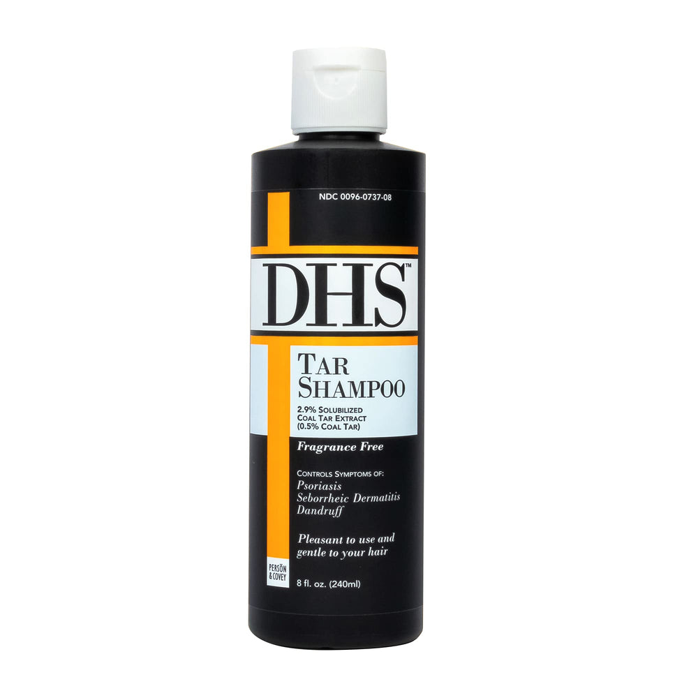 Person and Covey DHS Tar Shampoo bottle front view for scalp care