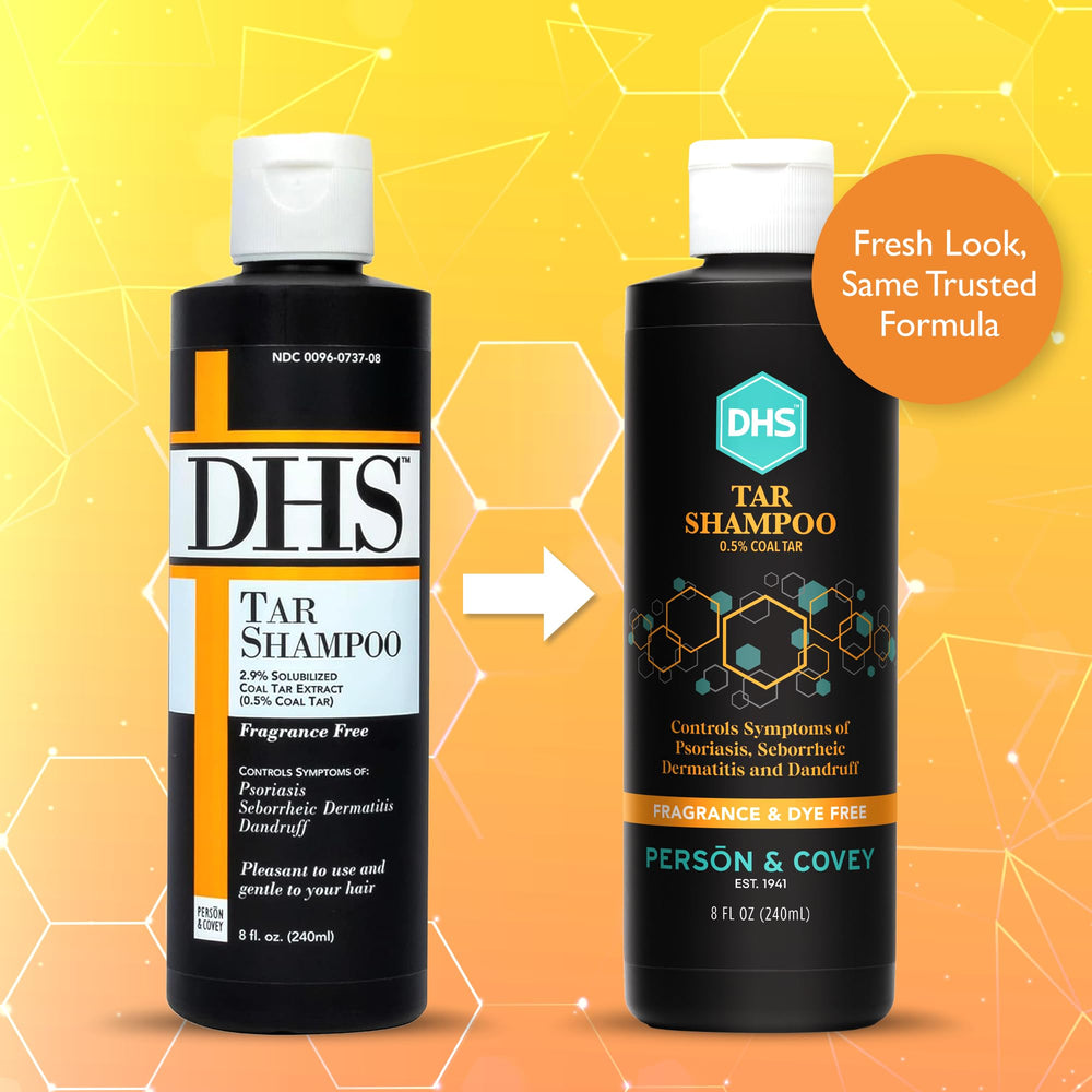 Label closeup of Person & Covey DHS Tar Shampoo showing fragrance-free formula
