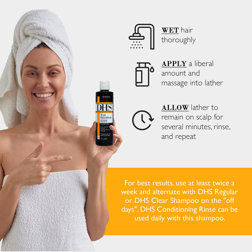 Person and Covey DHS Tar Shampoo label close-up highlighting cleansing benefits