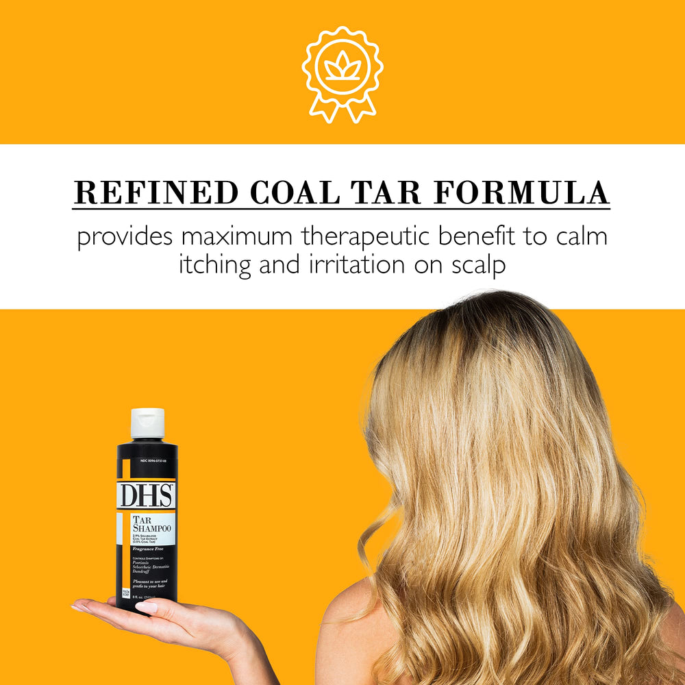 Person and Covey DHS Tar Shampoo on hair shows refreshing rinse