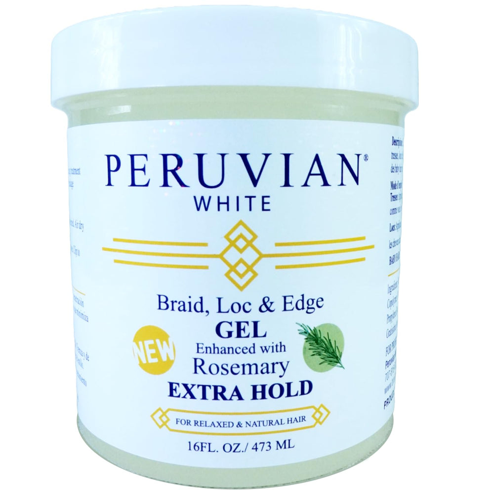 Peruvian White braid-loc-edge-gel rosemary bottle offers strong hold for protective styles.