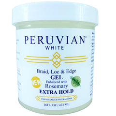 Peruvian White braid-loc-edge-gel rosemary bottle offers strong hold for protective styles.
