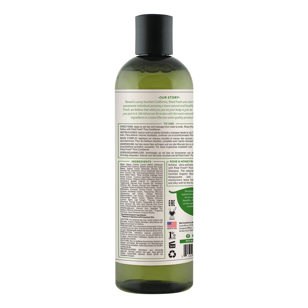 Petal Fresh Rose & Honeysuckle Shampoo bottle back highlights the botanical blend for healthy cleansing.