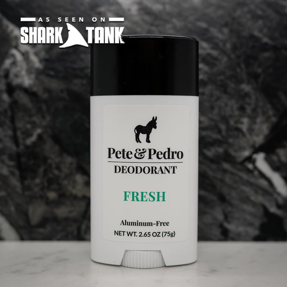 Pete & Pedro Fresh label emphasizes aluminum-free vegan formulation suitable for sensitive skin.