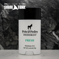 Pete & Pedro Fresh label emphasizes aluminum-free vegan formulation suitable for sensitive skin.