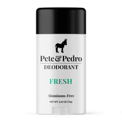 Pete & Pedro Fresh natural deodorant bottle shows all-day odor control and refreshing scent.