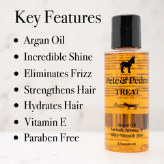 Close-up of Pete & Pedro TREAT ingredients with argan oil and vitamin E benefits.