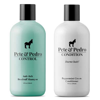 Pete & Pedro Control shampoo bottle closeup highlights anti-dandruff action and peppermint freshness.