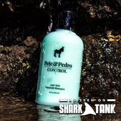Pete & Pedro peppermint oil bottle foreground signals refreshing scalp care.