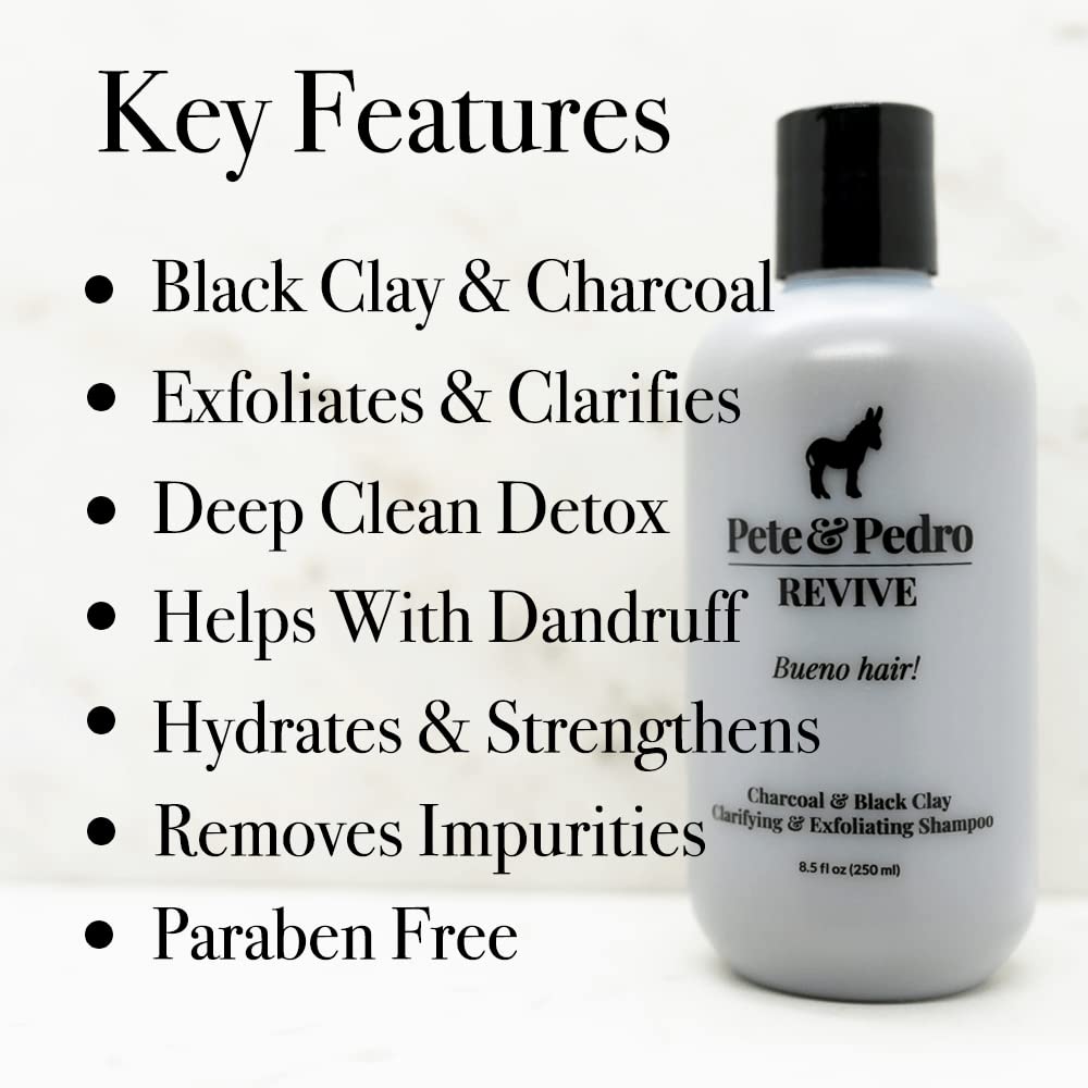 Close-up of black clay and charcoal blend in the REVIVE shampoo packaging