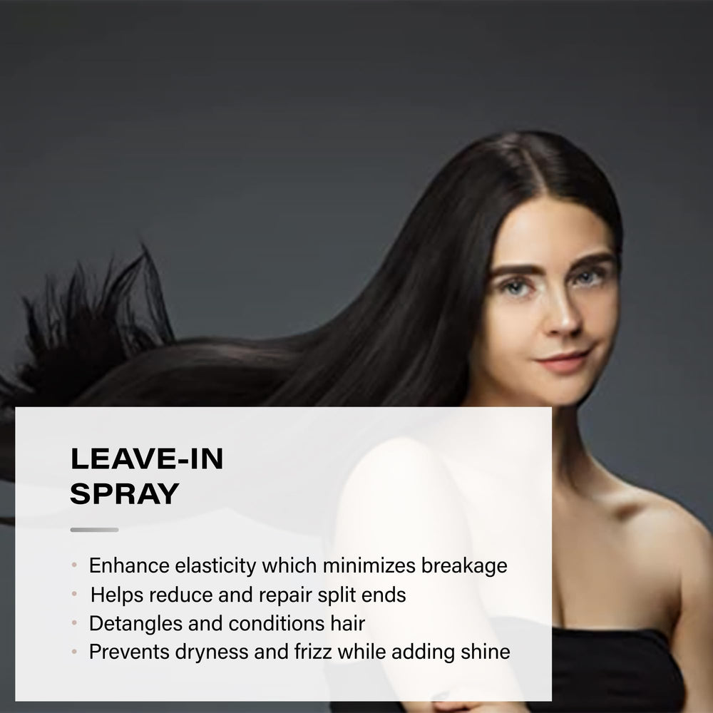Hands spray a-Keratin Best Friend Spray on mid-length hair for detangling.