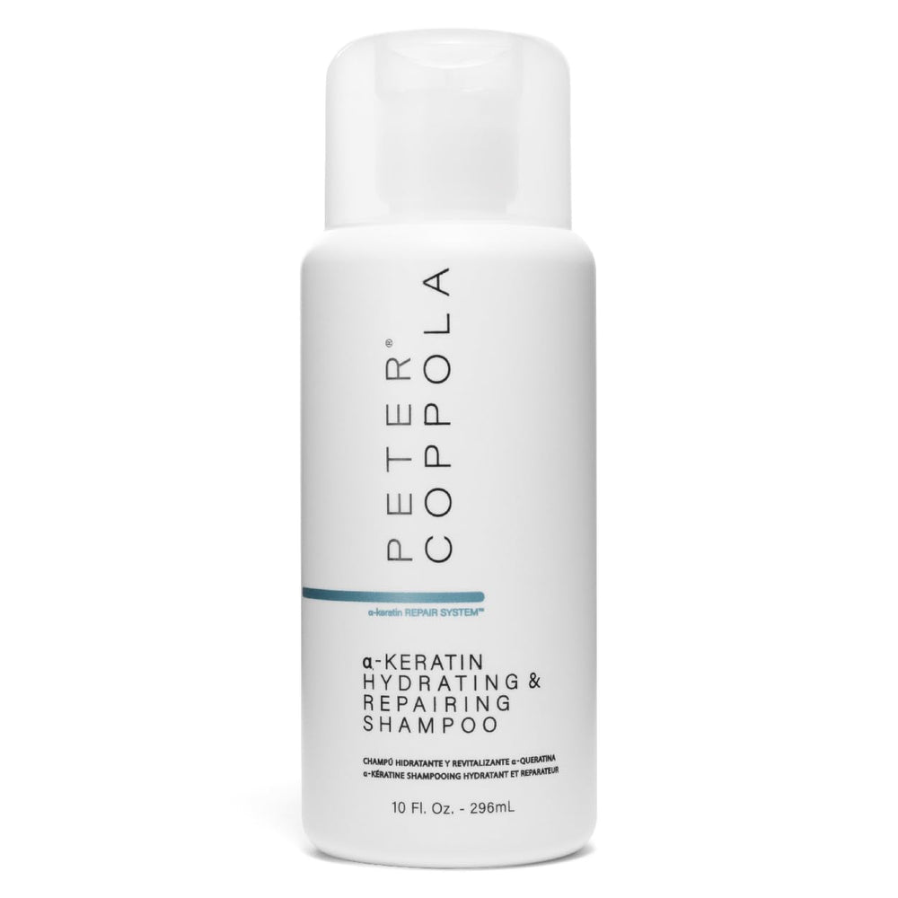 PETER COPPOLA a-Keratin Hydrating Shampoo bottle offers gentle cleansing for dry or damaged hair.