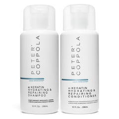 Peter Coppola a-Keratin hydrating shampoo bottle highlights nourishing cleanse for damaged hair.
