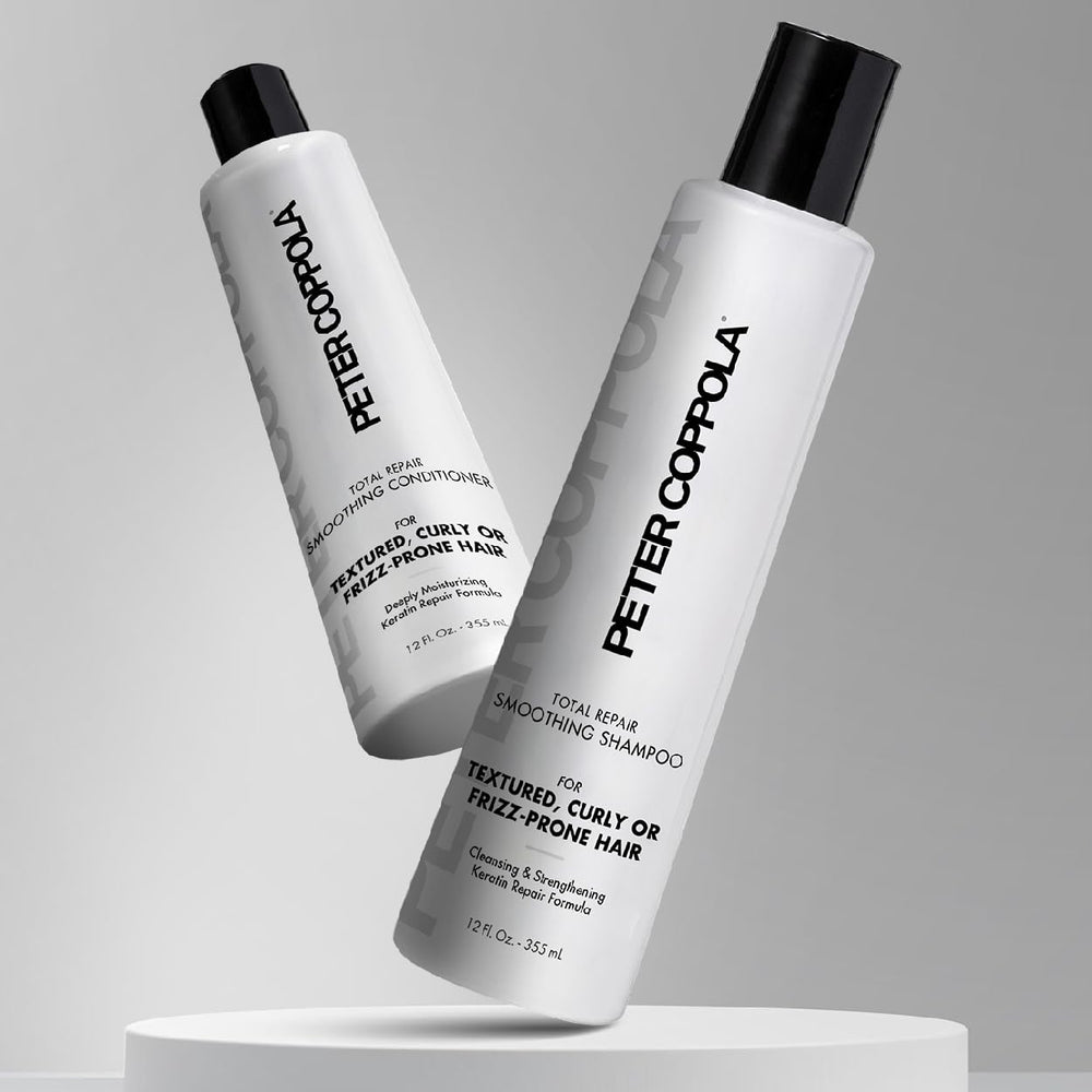 Peter Coppola Total Repair duo box, compact packaging for color-safe keratin aftercare.