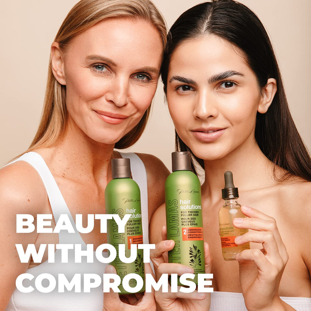Peter Lamas label close-up highlights vegan formula and herbal ingredients for scalp support