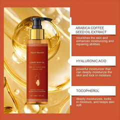 Close-up of pewatul Body Firming Oil texture showing silky absorption.