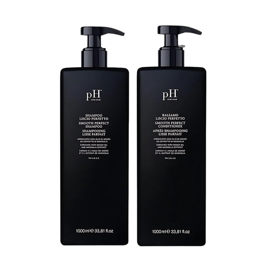 pH PURE HAIR Smooth Perfect Shampoo bottle front showing frizz control for sleek hair.