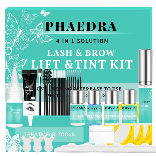 Phaedra Lash Lift and Brow Lamination Kit packaging showing all in one system for easy home use