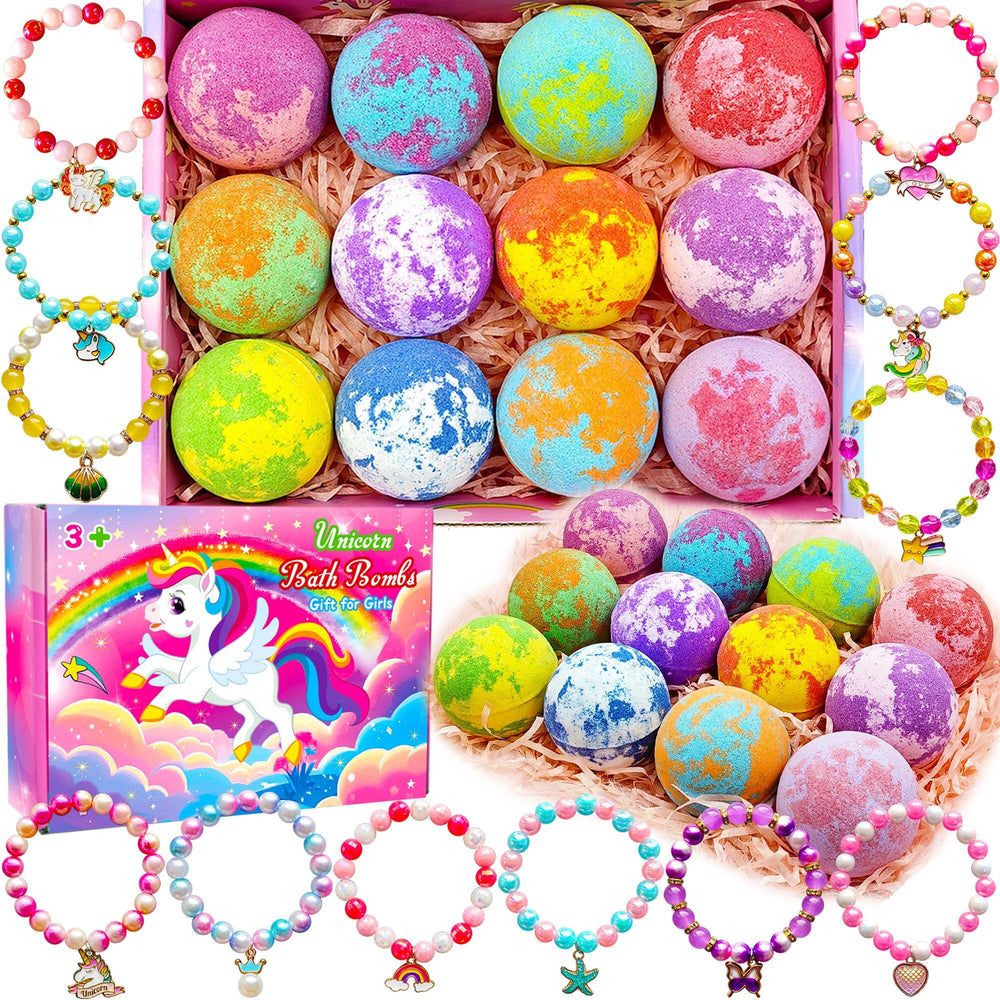 Phaorui unicorn bath bombs reveal a bracelet inside for girls.