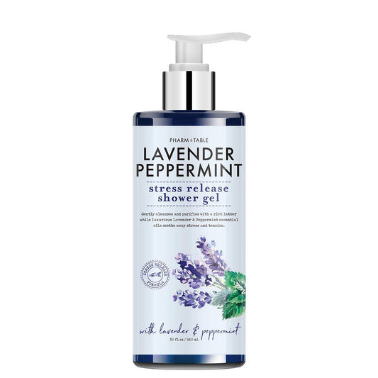 PHARM TO TABLE Stress Release shower gel bottle with lavender peppermint scent for calming mornings.