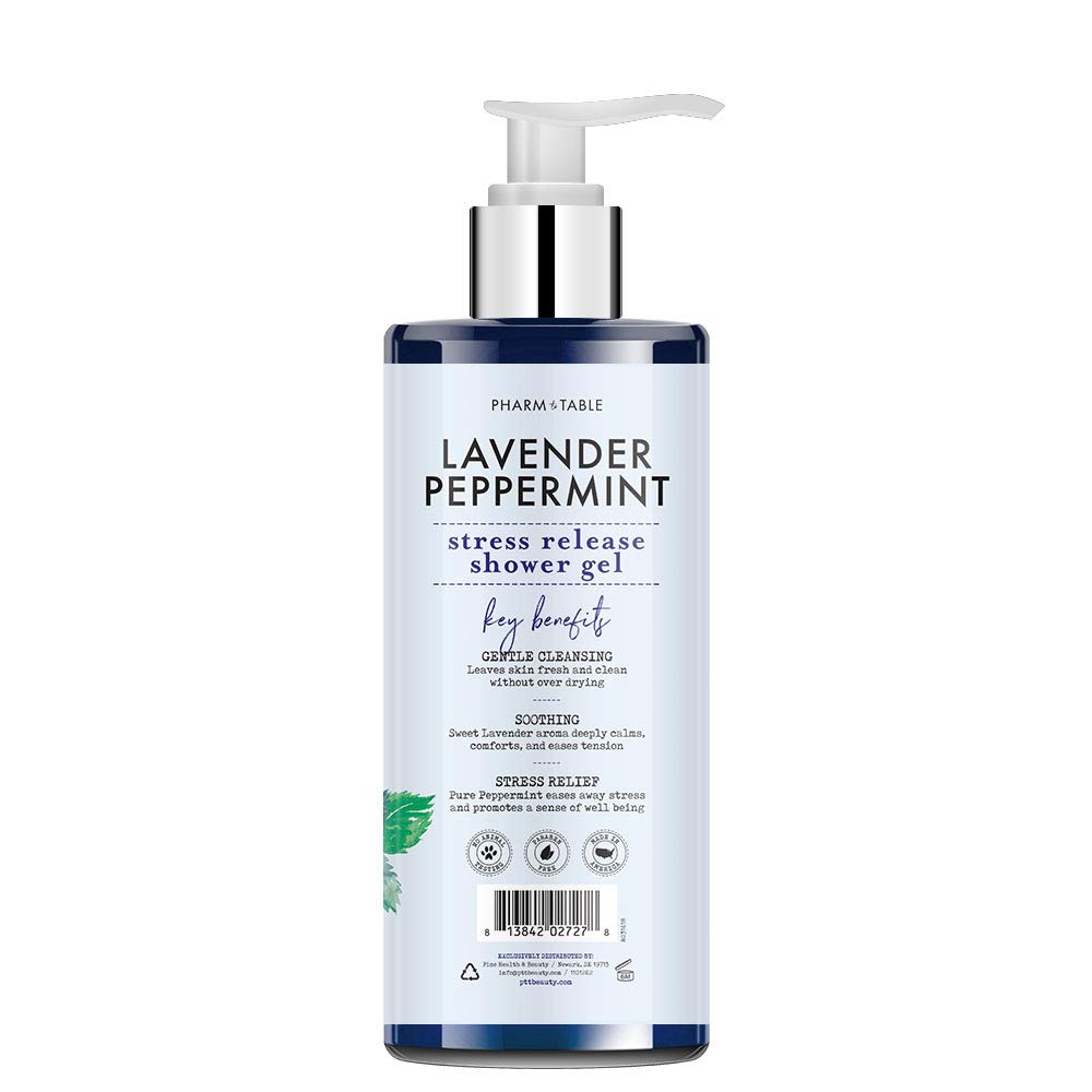 PHARM TO TABLE Stress Release gel lather demonstrates rich foam for a cleansing ritual.