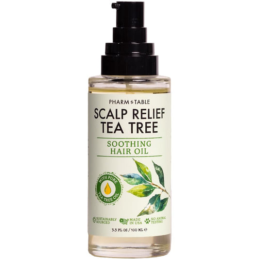 PHARM TO TABLE Tea Tree Hair Oil bottle for soothing scalp care.