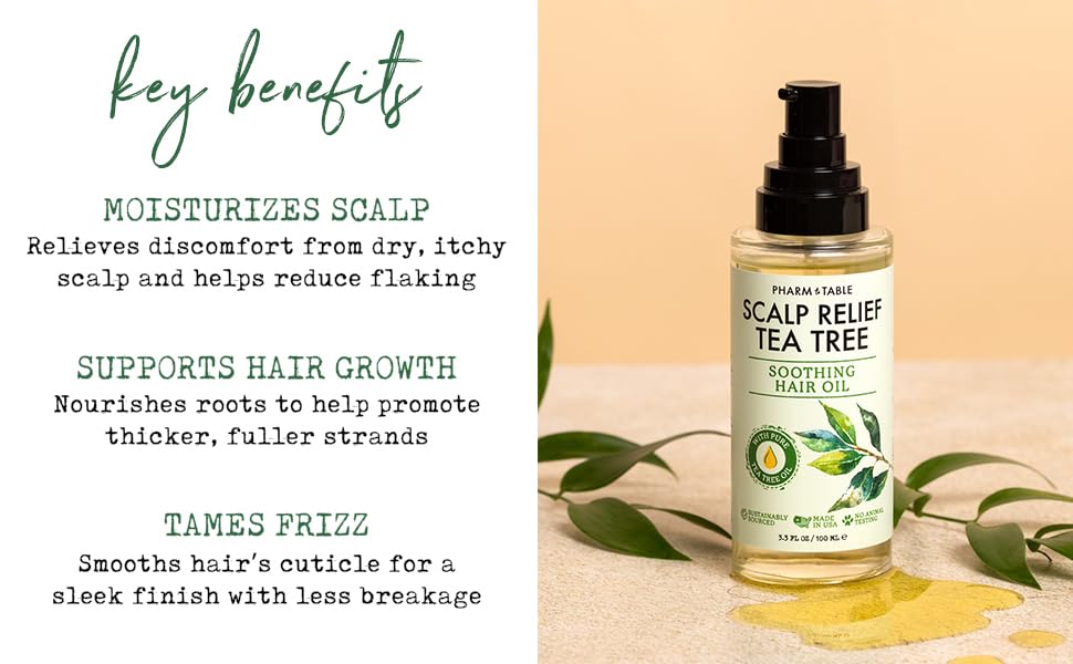 PHARM TO TABLE Tea Tree Hair Oil packaging highlighting natural ingredients.